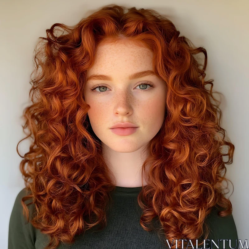 Young Woman with Red Curly Hair and Green Eyes AI Image