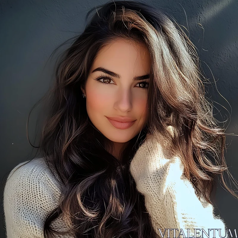 Elegant Woman Smiling with Dark, Wavy Hair AI Image