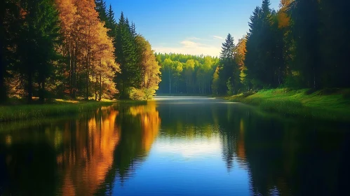 Tranquil Forest Scene with Autumn Colors and Calm Lake
