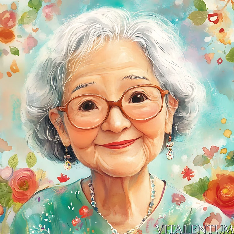 Heartwarming Portrait of a Smiling Elderly Woman with Floral Background AI Image