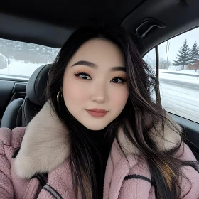 Beautiful Woman in Winter Attire Inside a Car