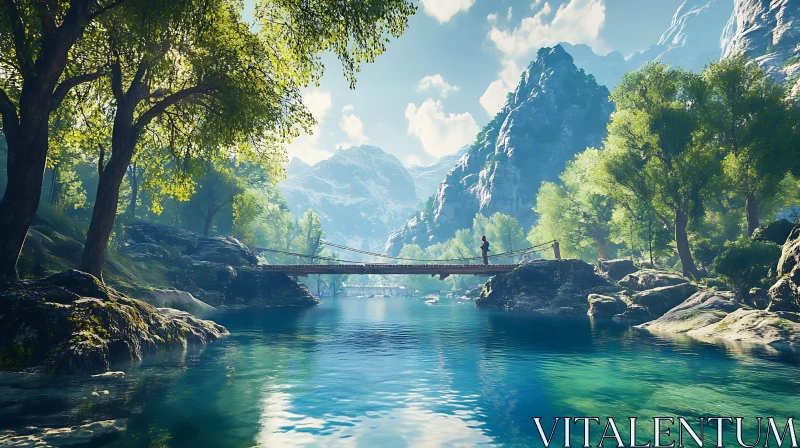 Peaceful Lake with a Bridge Amidst Mountain Scenery AI Image
