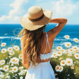 Summer Serenity: Woman in Hat and Daisy Field