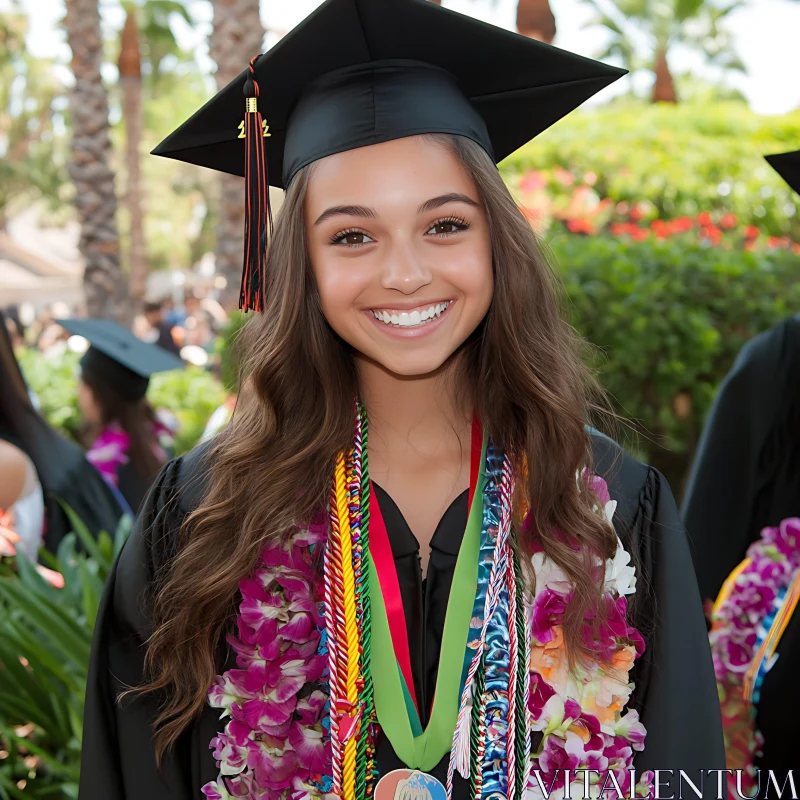 Happy Graduate with Leis and Cords
