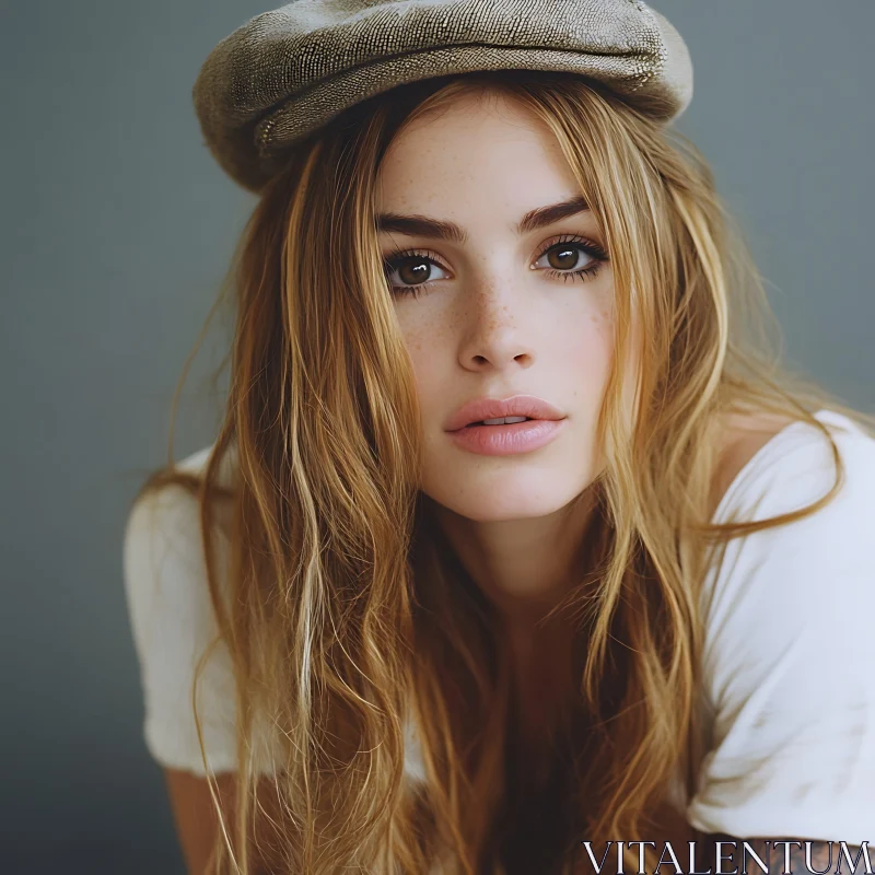 Blonde Woman with Freckles in a Beige Hat Blonde Woman with Freckles in a Beige Hat