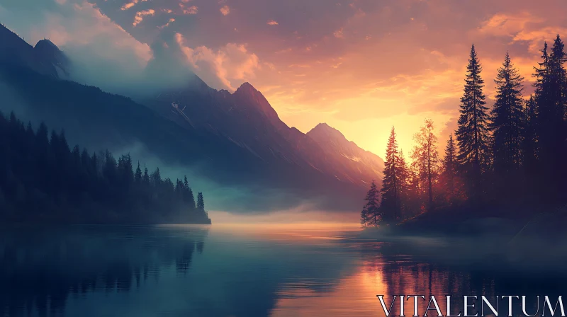Misty Sunset at Tranquil Lake with Mountain Backdrop Misty Sunset at Tranquil Lake with Mountain Backdrop