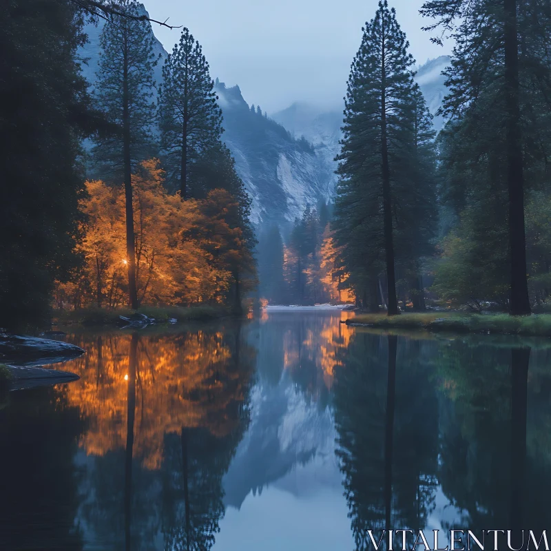 Autumn Trees Reflected in a Misty Lake Autumn Trees Reflected in a Misty Lake