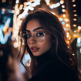 Nighttime Close-Up Portrait of a Woman with Glasses