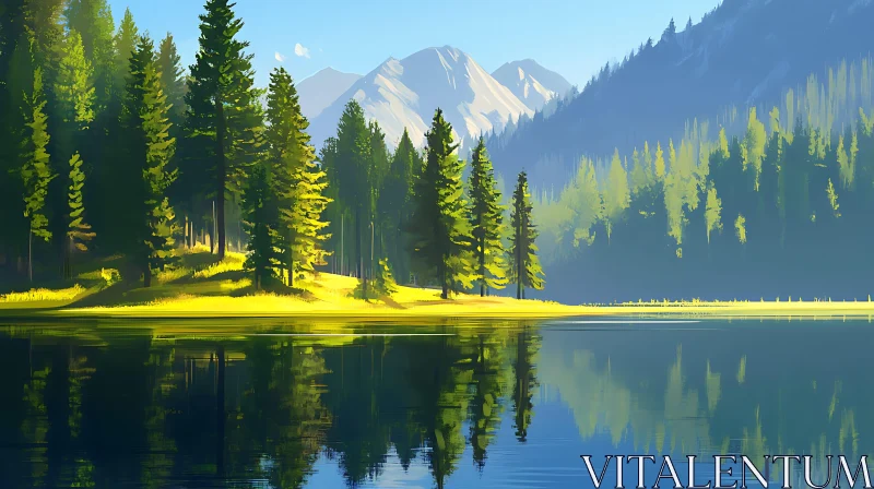 Peaceful Pine Forest and Serene Lake View AI Image