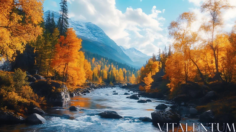 Autumn Forest River with Snow-Capped Mountains Autumn Forest River with Snow-Capped Mountains