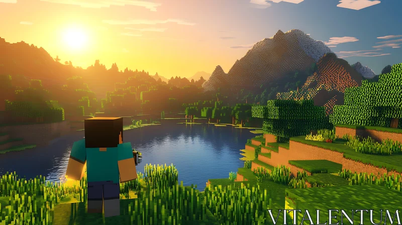 AI ART Minecraft Sunset by the Lake