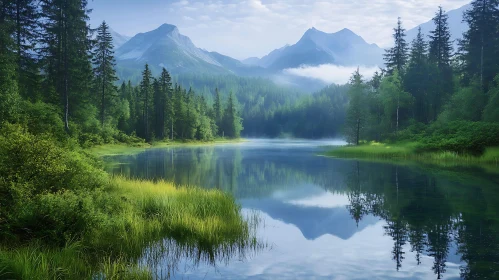 Tranquil Lake Scene with Forest and Mountain Views