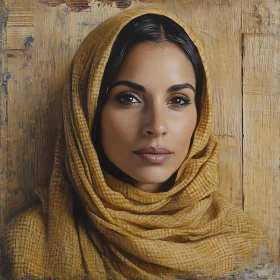Woman's Serene Expression in Ochre Scarf