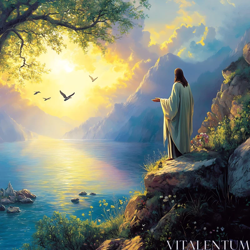 Tranquil Mountain-Lake Scene with Figure, Birds, and Wildflowers at Sunrise Tranquil Mountain-Lake Scene with Figure, Birds, and Wildflowers at Sunrise