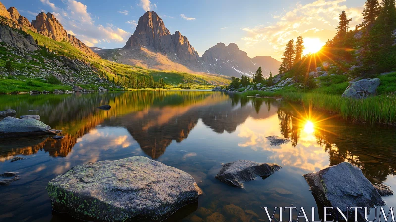 Mountain Scene with Serene Lake at Sunset Mountain Scene with Serene Lake at Sunset