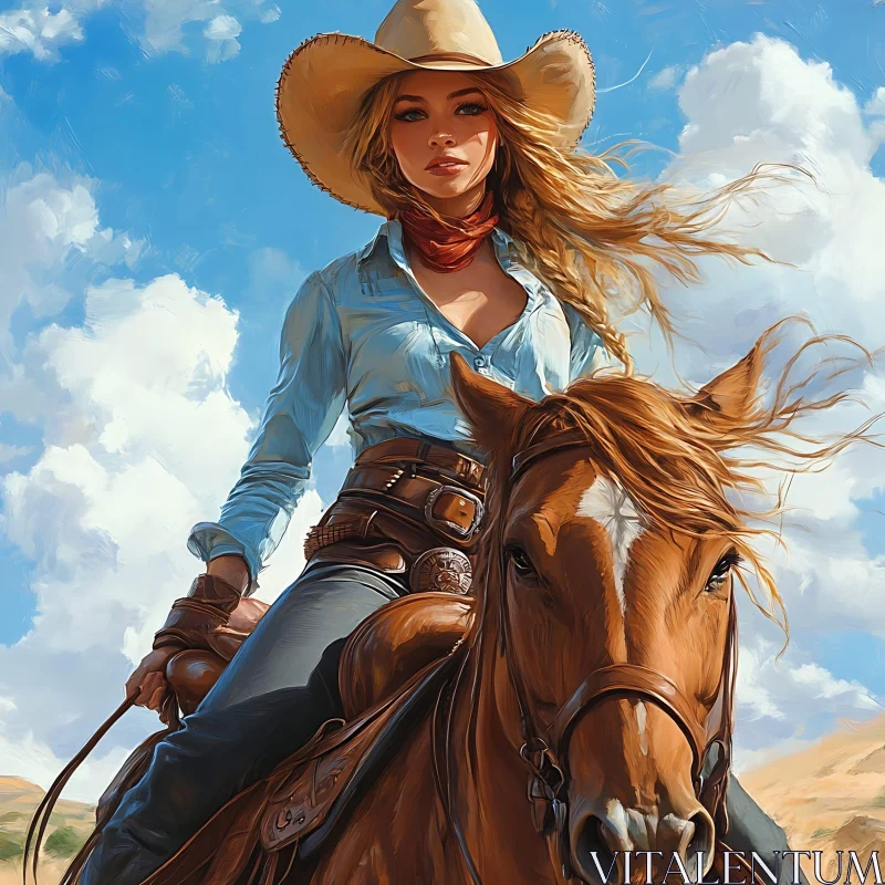 Western Cowgirl on Horseback Amidst Scenic Sky AI Image