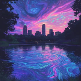 Urban Landscape with Swirling Sky and Reflective Water