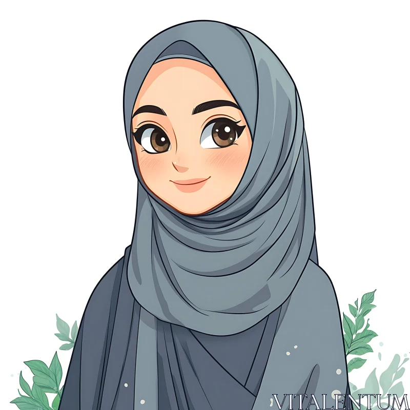 Illustration of Young Woman with Hijab in Anime Style AI Image