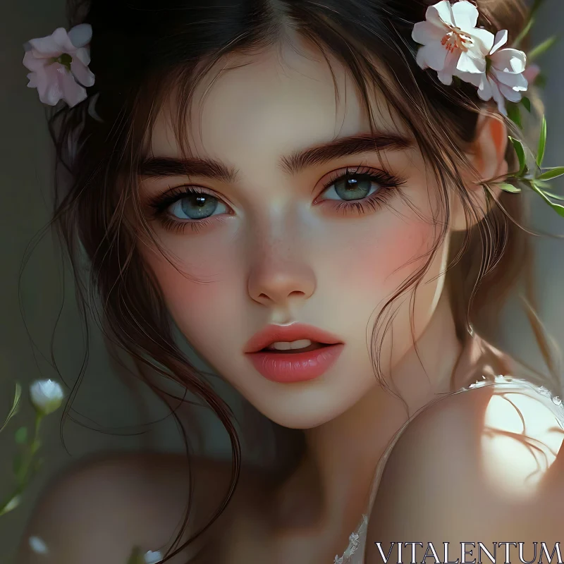 Young Woman with Blue Eyes and Flowers AI Image