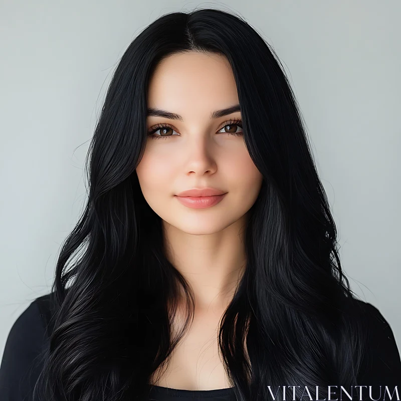 Elegant Portrait of a Woman with Black Wavy Hair AI Image