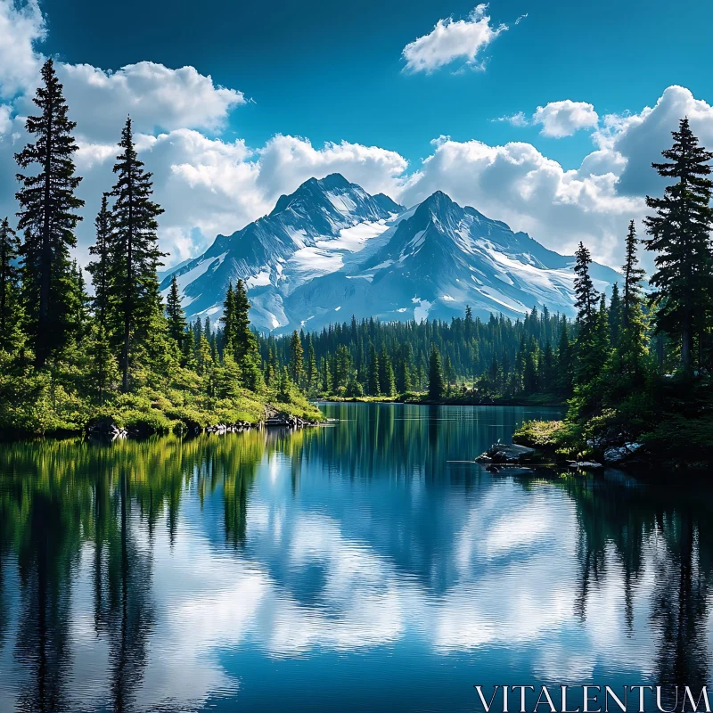 Picturesque Mountain Landscape with Pine Trees and Clear Lake AI Image