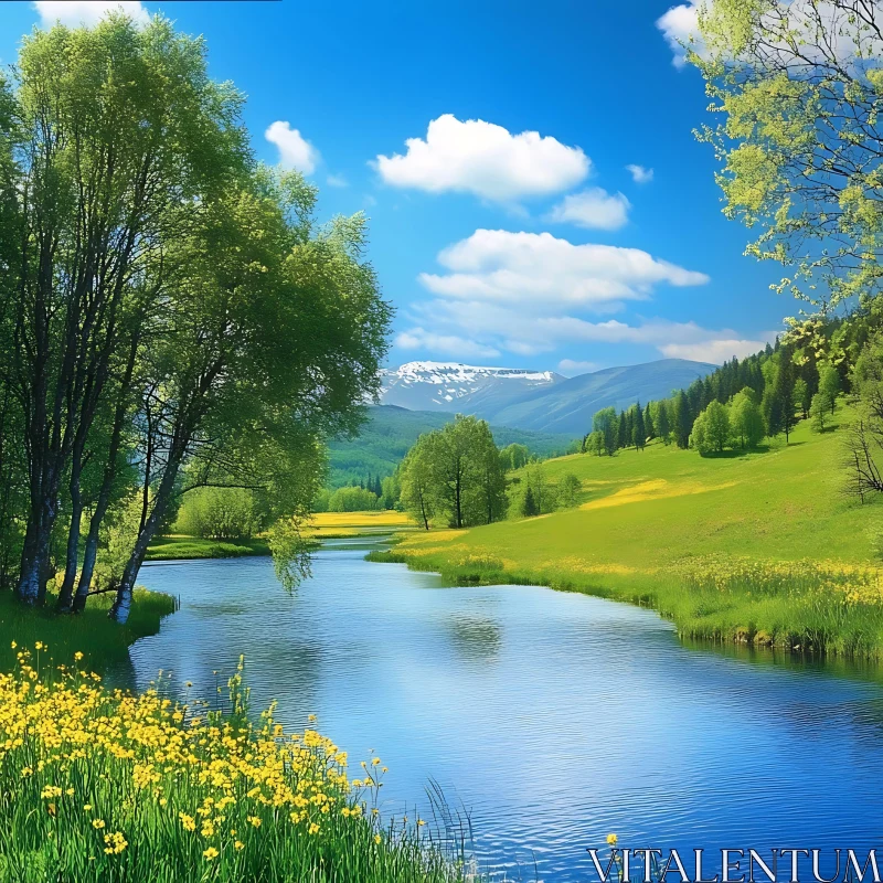 Peaceful River Scene with Mountains and Meadow AI Image