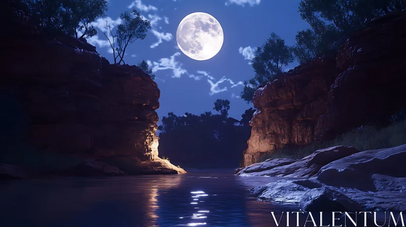 Moonlit Canyon and Calm Night Waters AI Image