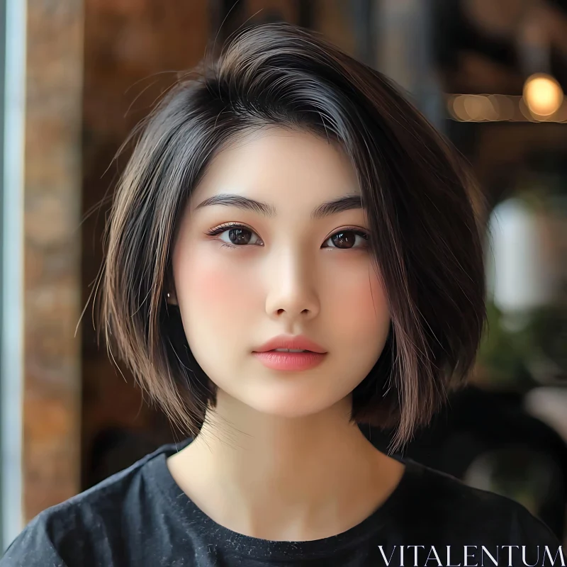 Indoor Portrait of a Woman with Natural Beauty and Short Hair AI Image