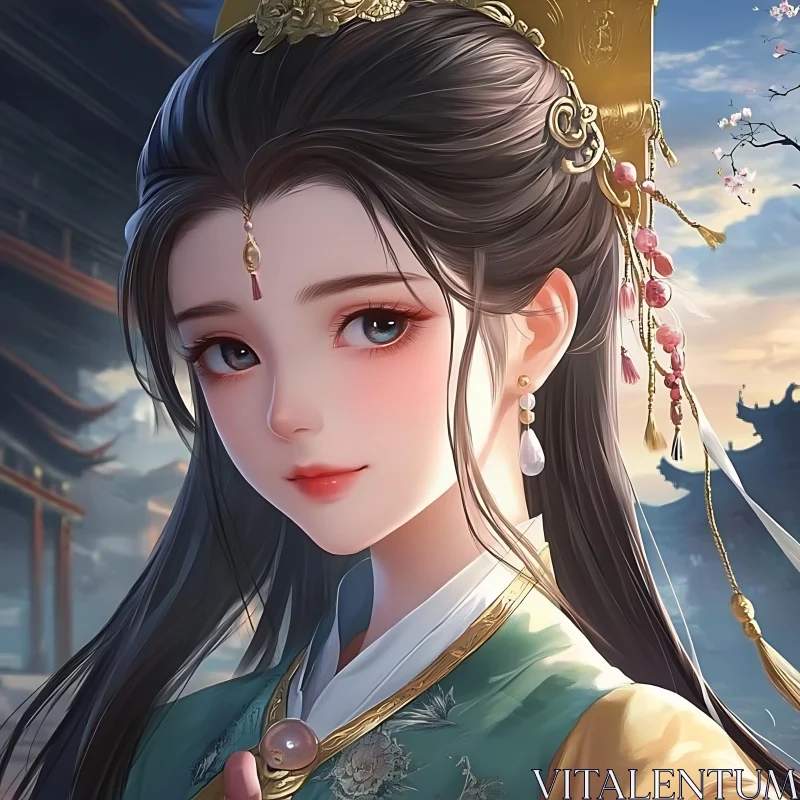 Traditional Anime Woman with Ornate Hairpieces AI Image