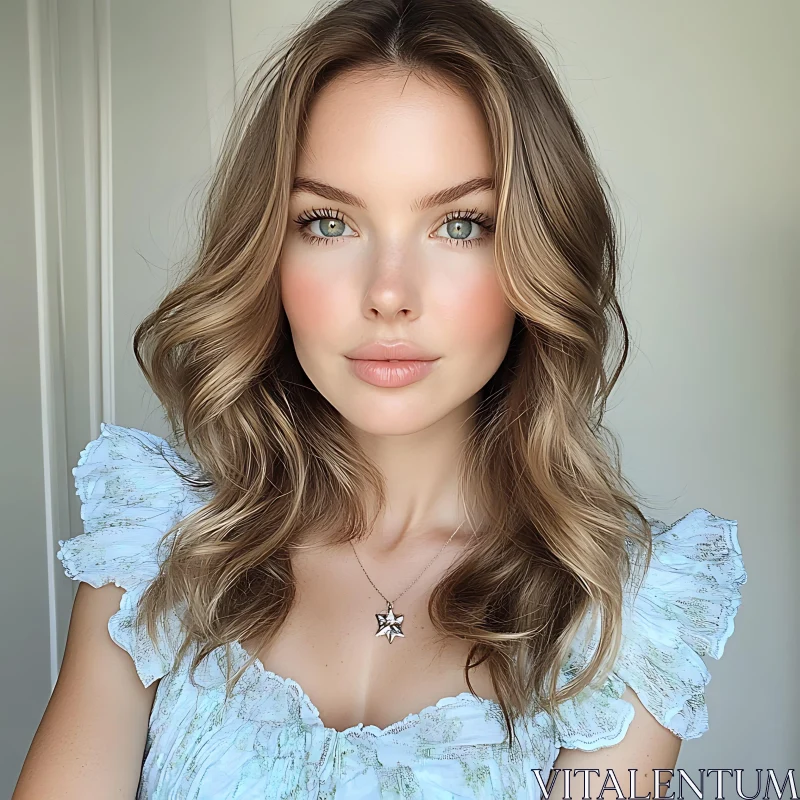 Young Woman with Wavy Hair and Star Necklace AI Image