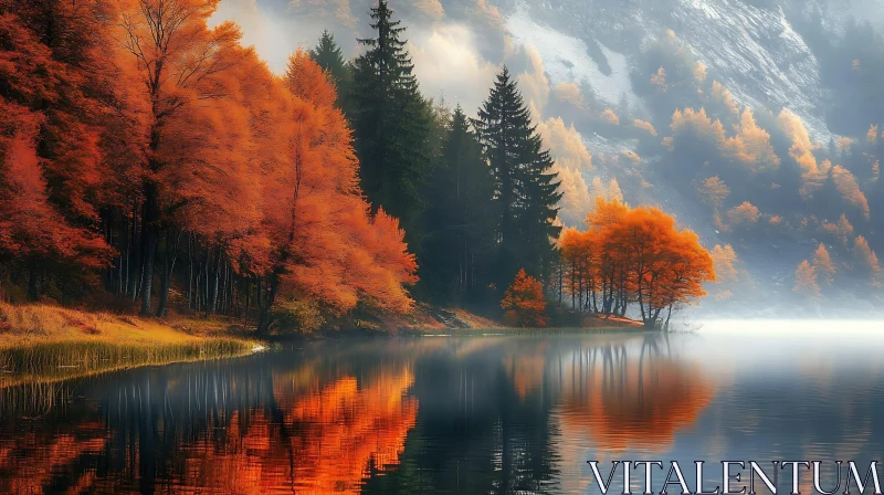 Serene Autumnal Reflections on a Misty Lake AI Image