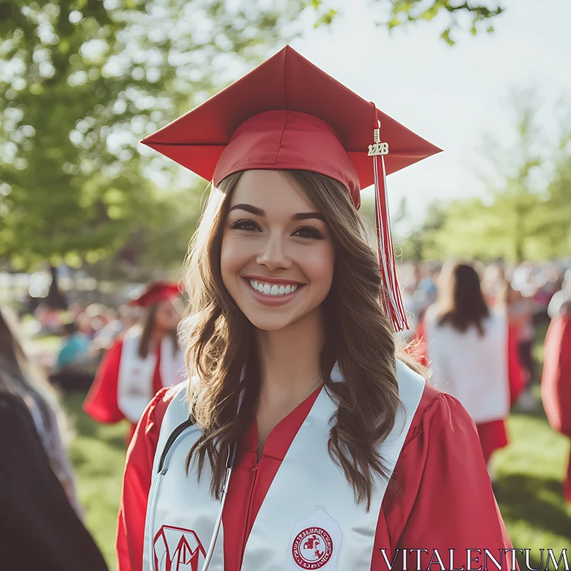 Happy Graduate in Red Cap and Gown with Greenery Background AI Image