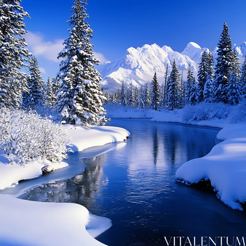 Tranquil Snow-Covered Forest with Icy River and Mountain View AI Image