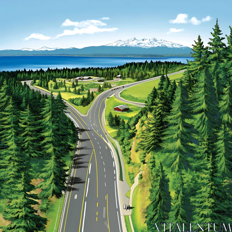 Winding Road through Forest to Snow-Capped Mountains AI Image