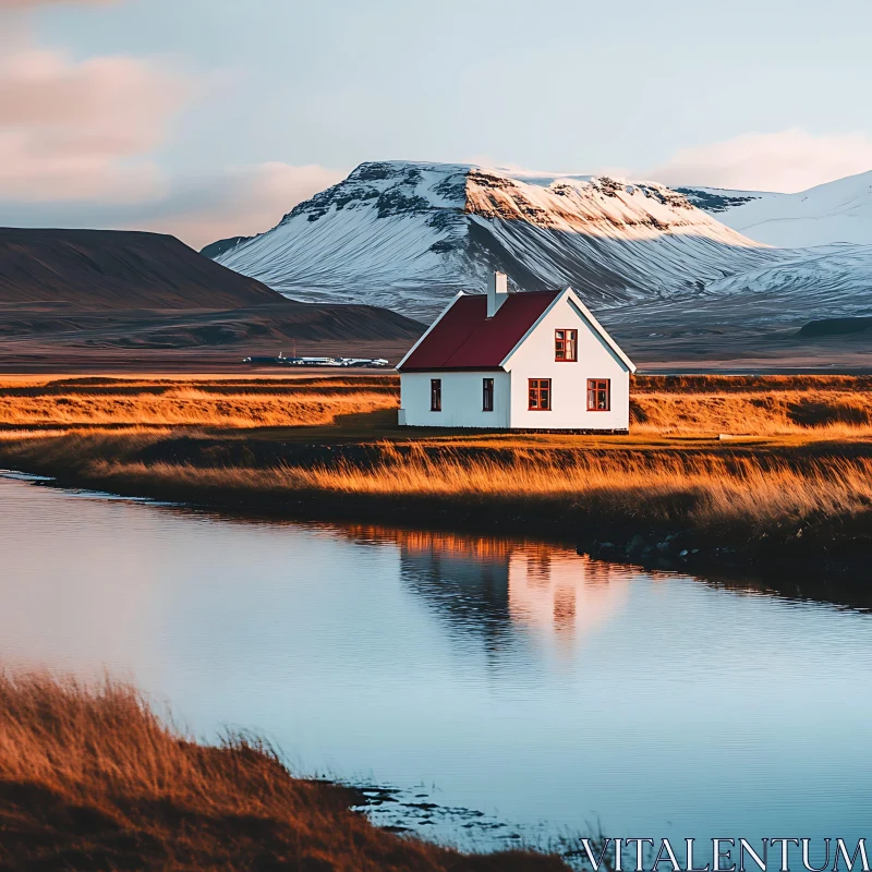 House with Red Roof by Tranquil Waters and Snowy Peaks AI Image