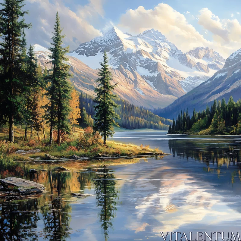 Tranquil Nature Scene with Mountains and Lake AI Image