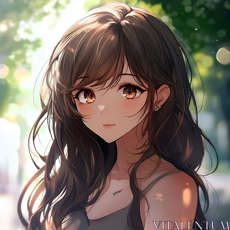 Beautiful Brown-Haired Anime Girl in Sunlit Setting AI Image