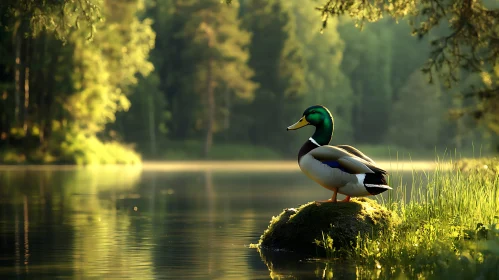 Duck in Sunlit Forest by Tranquil Lake