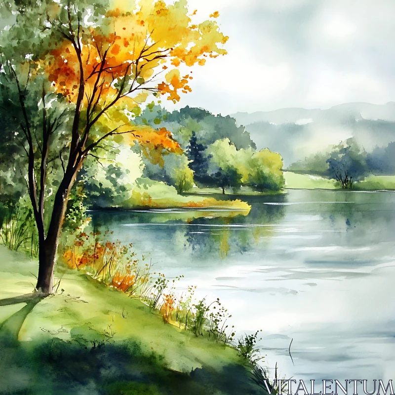 Peaceful Lakeside Landscape with Autumn Trees AI Image