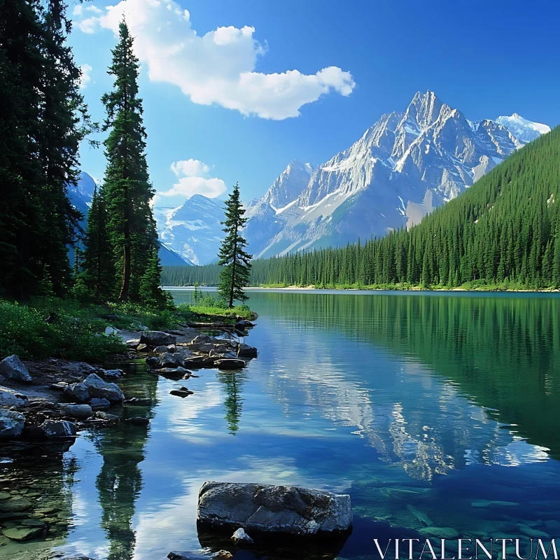 Tranquil Lake in Mountainous Wilderness AI Image