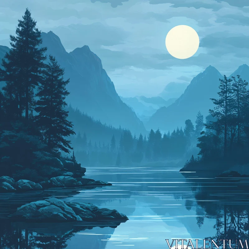 Peaceful Lake Under Full Moon with Mountains AI Image