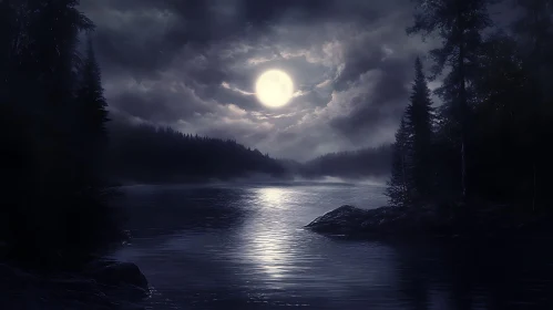 Moonlit Night Scene over Calm River in Dense Forest