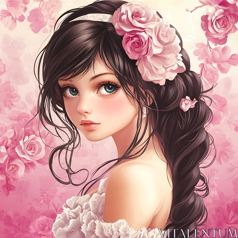 AI ART Romantic Anime Portrait with Pink Roses