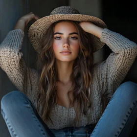 Portrait of a Woman in Straw Hat and Knitted Sweater