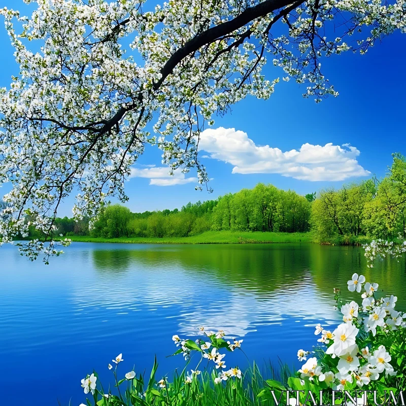 Tranquil Lake with Spring Blossoms AI Image