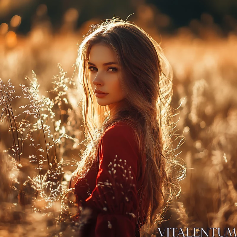 Woman in Red Dress During Golden Hour AI Image