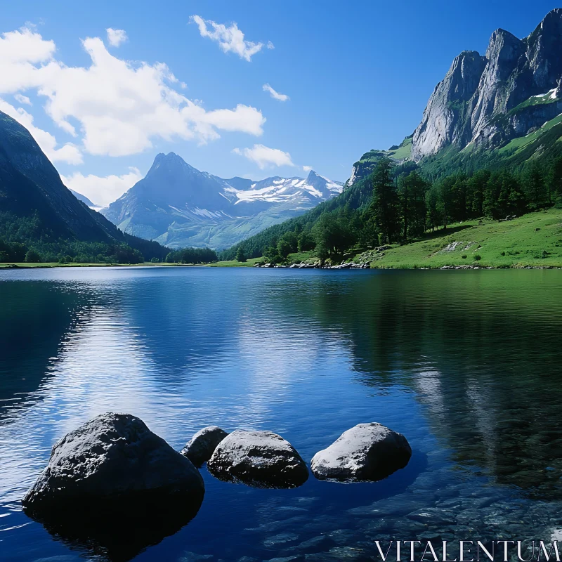 Tranquil Mountainous Lake Scenery AI Image