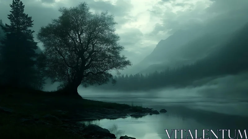 Mysterious twilight landscape by a misty lake AI Image