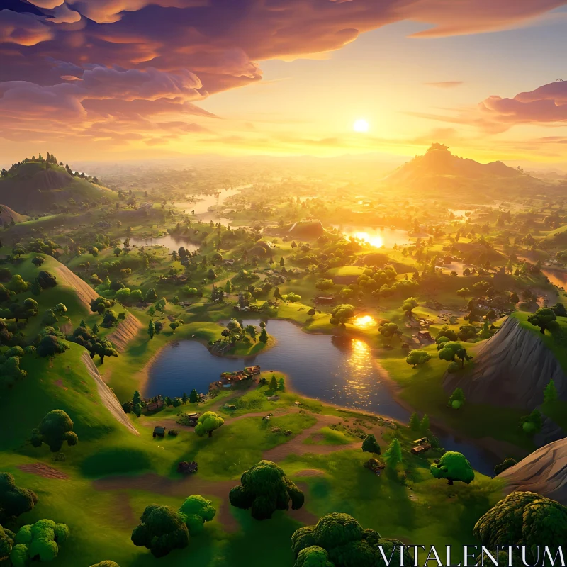 Golden Sunset over Verdant Valleys and Lakes AI Image