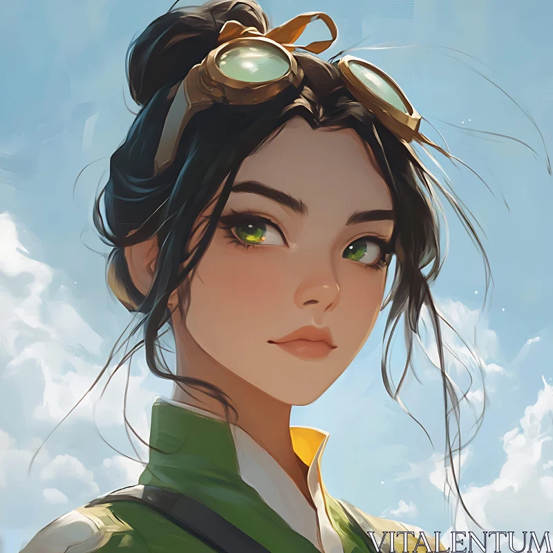 Anime Character with Green Eyes and Steampunk Goggles AI Image